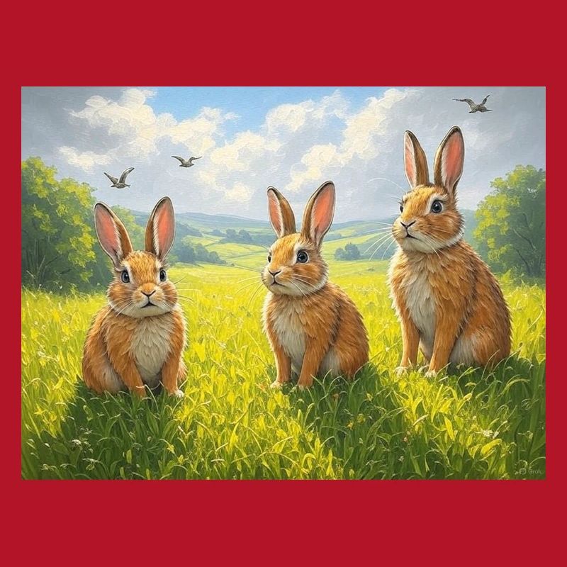 Three rabbits in the spring field