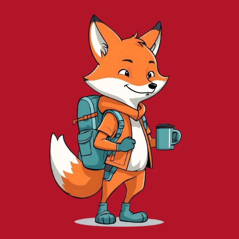 Adventure fox with backpack and cup
