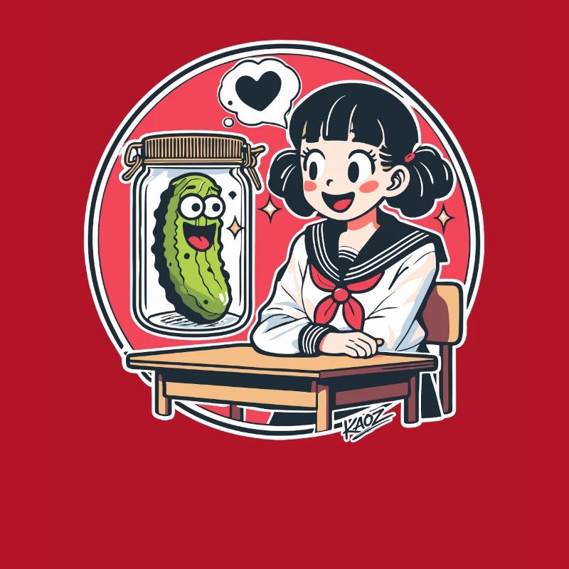 Cornichon Kawaii dans un bocal et écolière à l’école