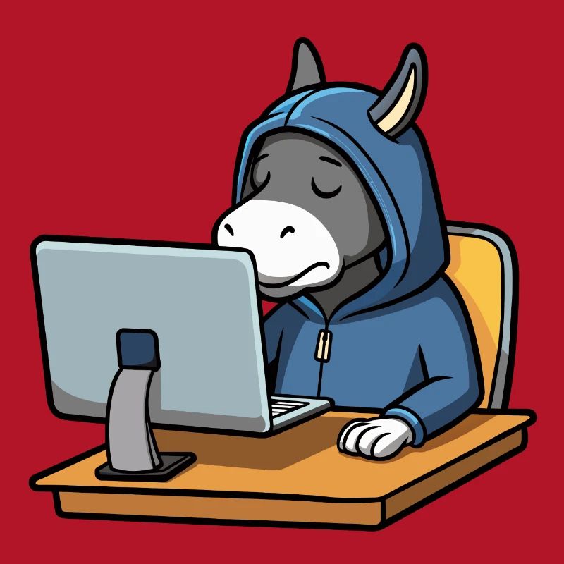 Un mignon âne hacker dort dans un sweat à capuche devant le PC