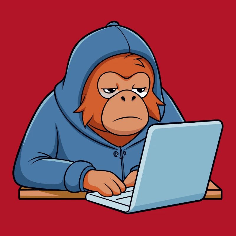 Mignon orang-outan hacker dans un sweat à capuche devant le PC