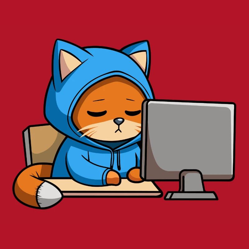 Un chat hacker mignon dort dans un sweat à capuche devant le PC