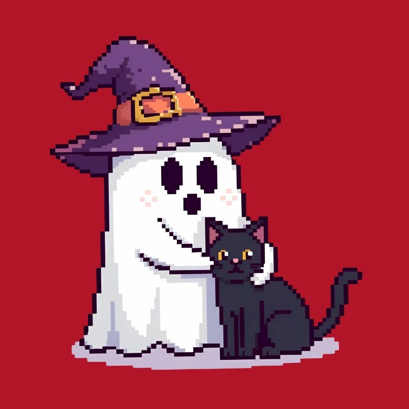 Pixel Ghost with Witch Hat & Cat – Halloween