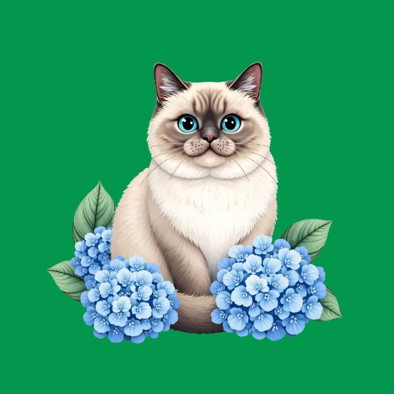 Cute Ragdoll Cat with Blue Hydrangeas