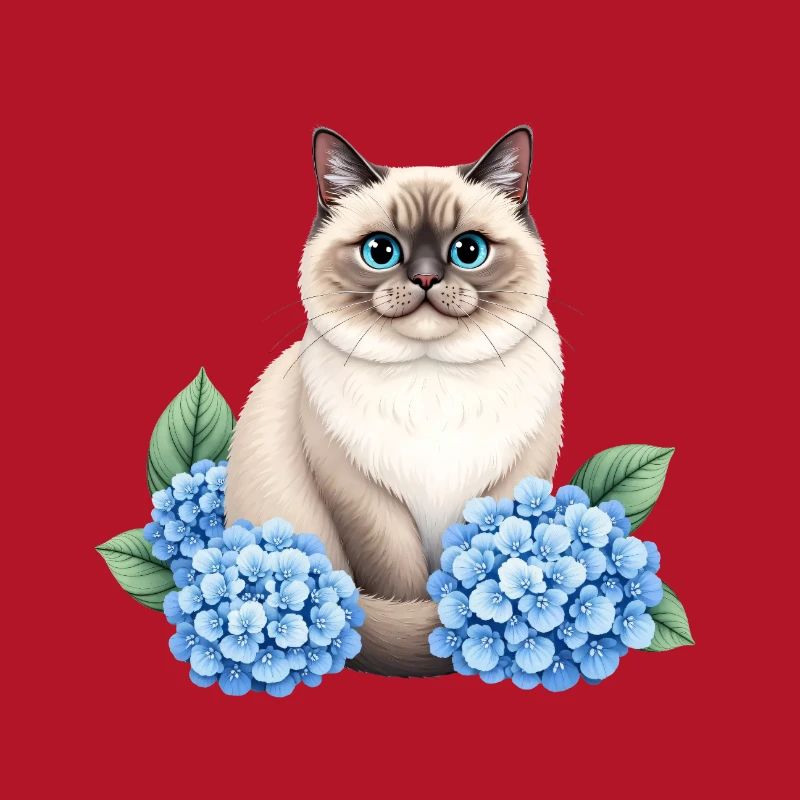 Cute Ragdoll Cat with Blue Hydrangeas