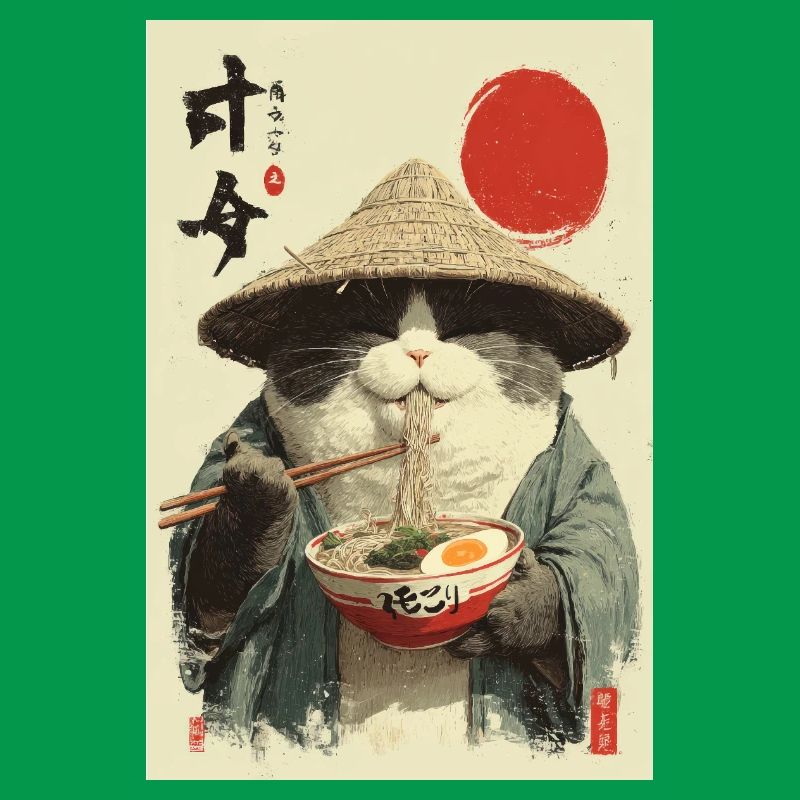 Samurai Cat Eating Ramen