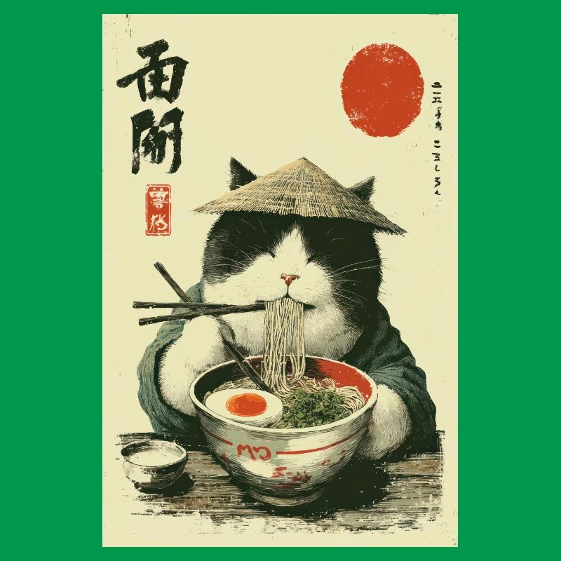Samurai Cat Enjoying Ramen