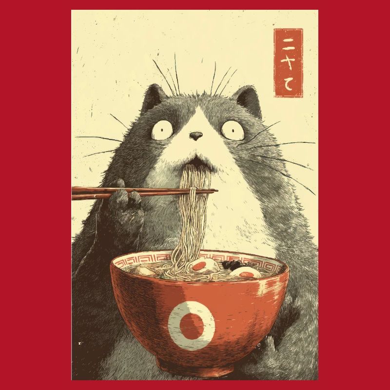Chat choqué mangeant des ramen
