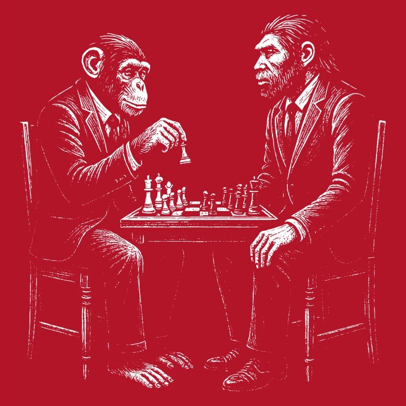 monkey plays chess with homo erectus. Funny design