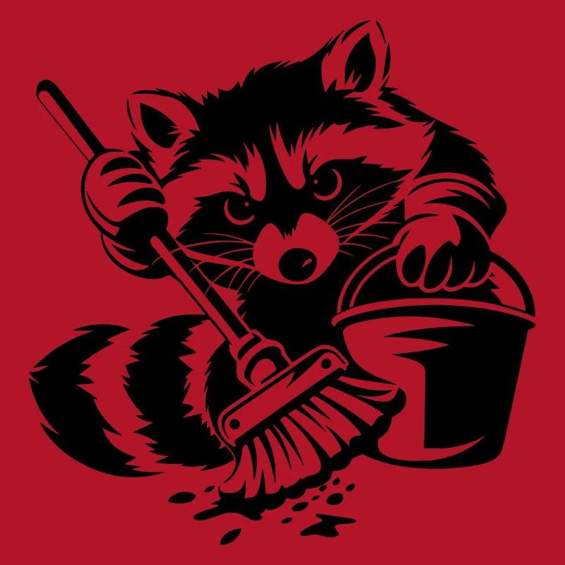 Waschbär mit Eimer & Mopp