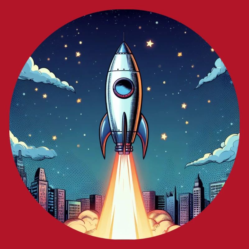 Lancement d’une fusée dans l’espace devant le ciel nocturne dans un style comique