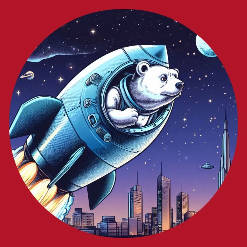 Une fusée avec un ours décolle dans l’espace devant le ciel nocturne