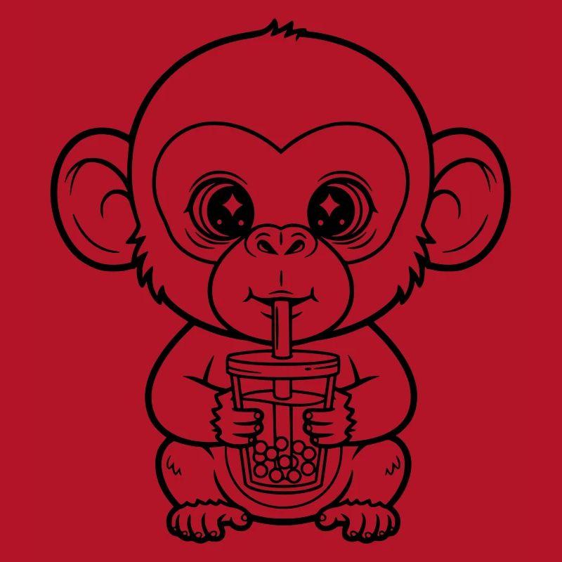 Cute Monkey with Bubble Tea Line Art Design