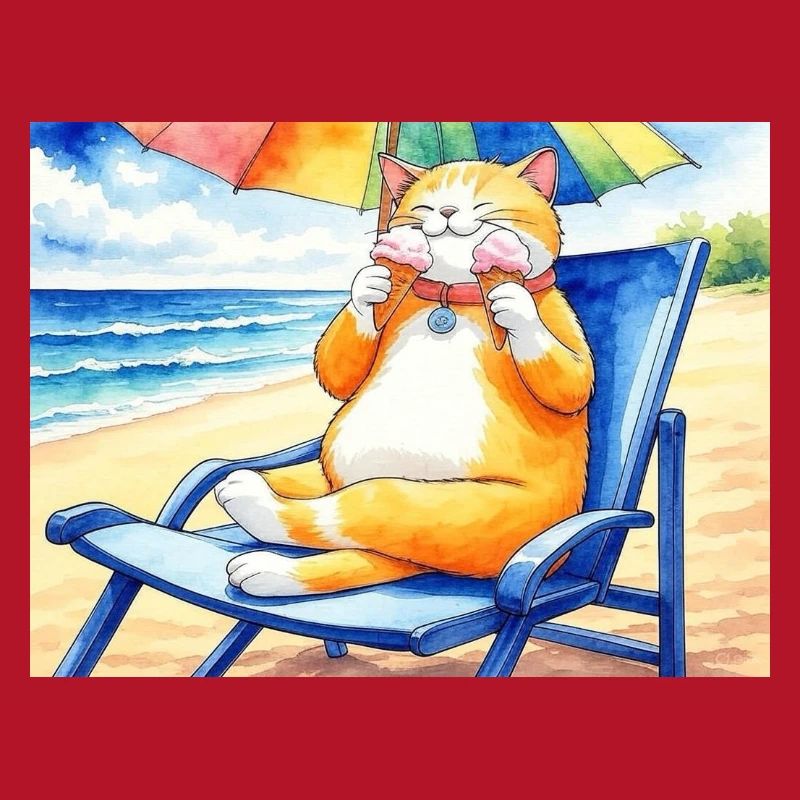 Katze am Strand mit Eiscreme