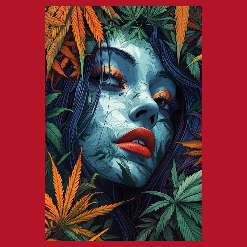 Neon leaf portrait with red lips