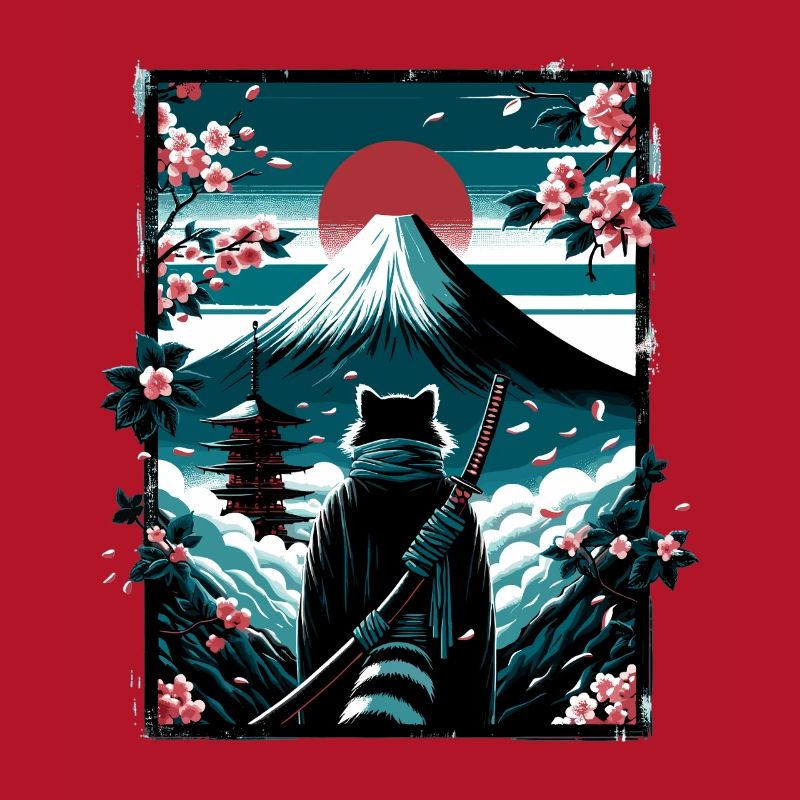 Chat avec une épée de samouraï devant Fuji