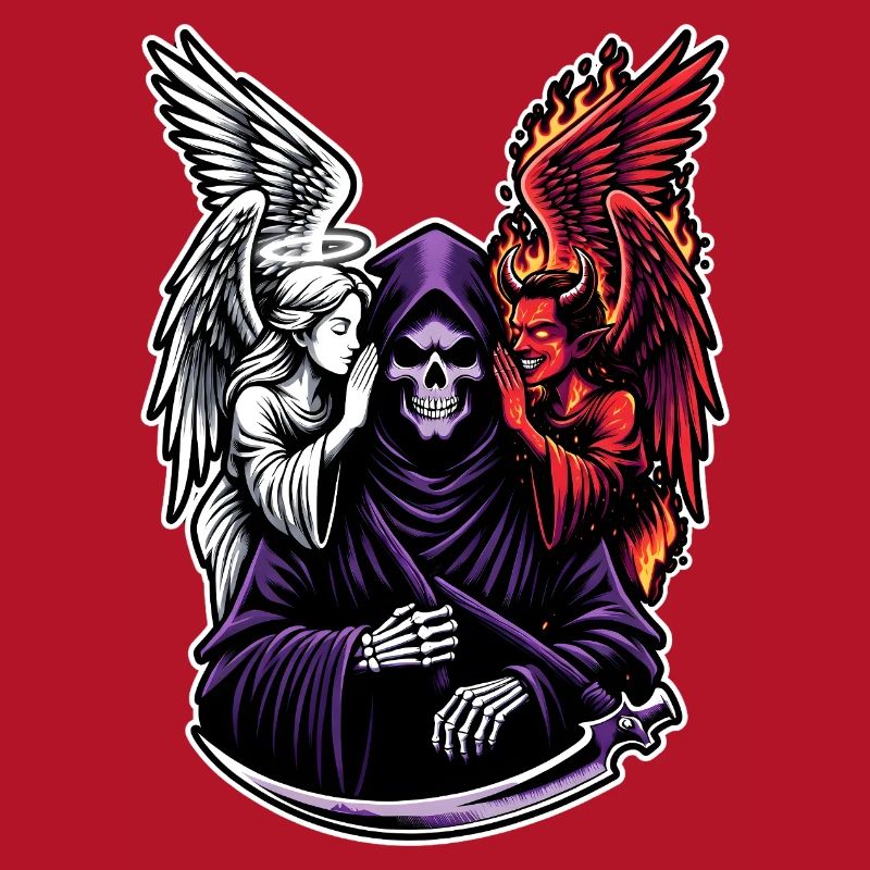 Sensenmann mit Engel und Dämon