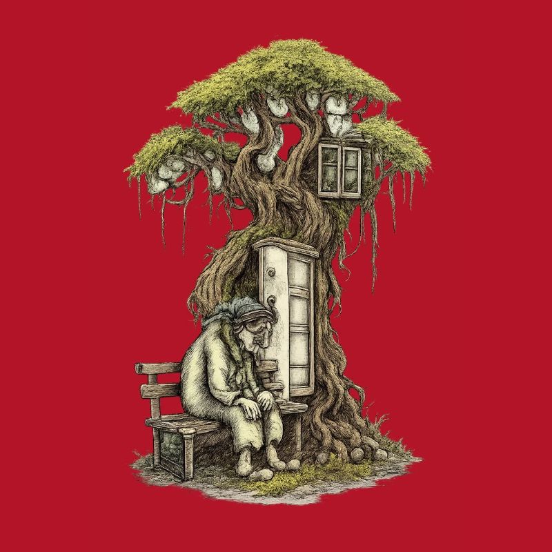 Treehouse poem: Old man squats in front of tree