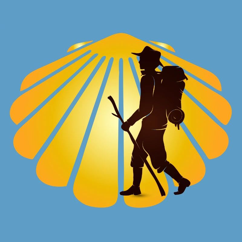 A pilgrim on a pilgrimage path with scallops