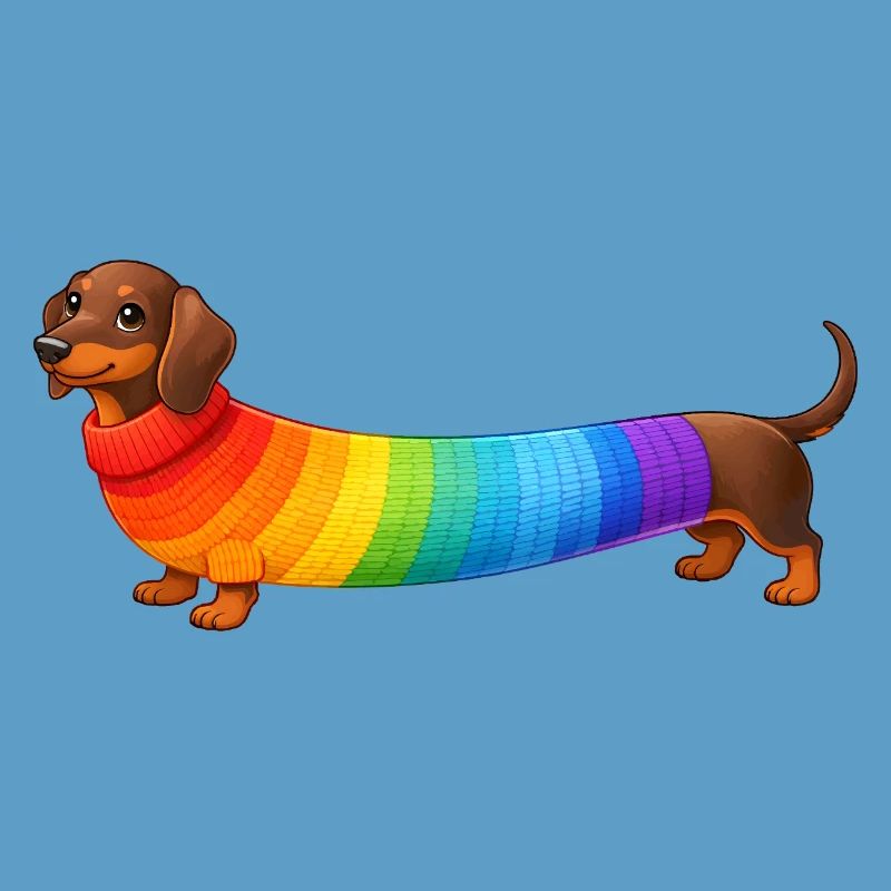 Teckel avec un pull arc-en-ciel