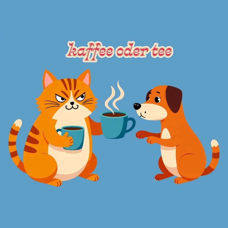 Kaffee oder Tee? Lustige Katze und Hund Bürohumor
