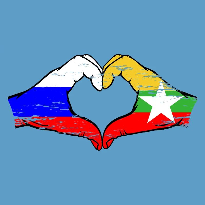 Russie Myanmar drapeau mains forme de coeur utilisé