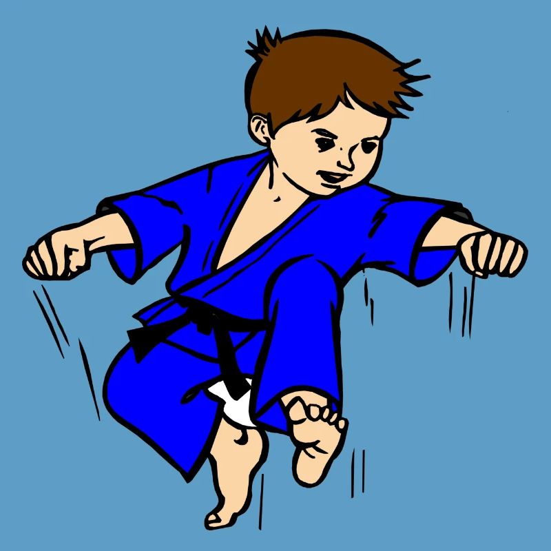 Blauer Anzug Karatekind oder Judokind mit schwarzem Gürtel