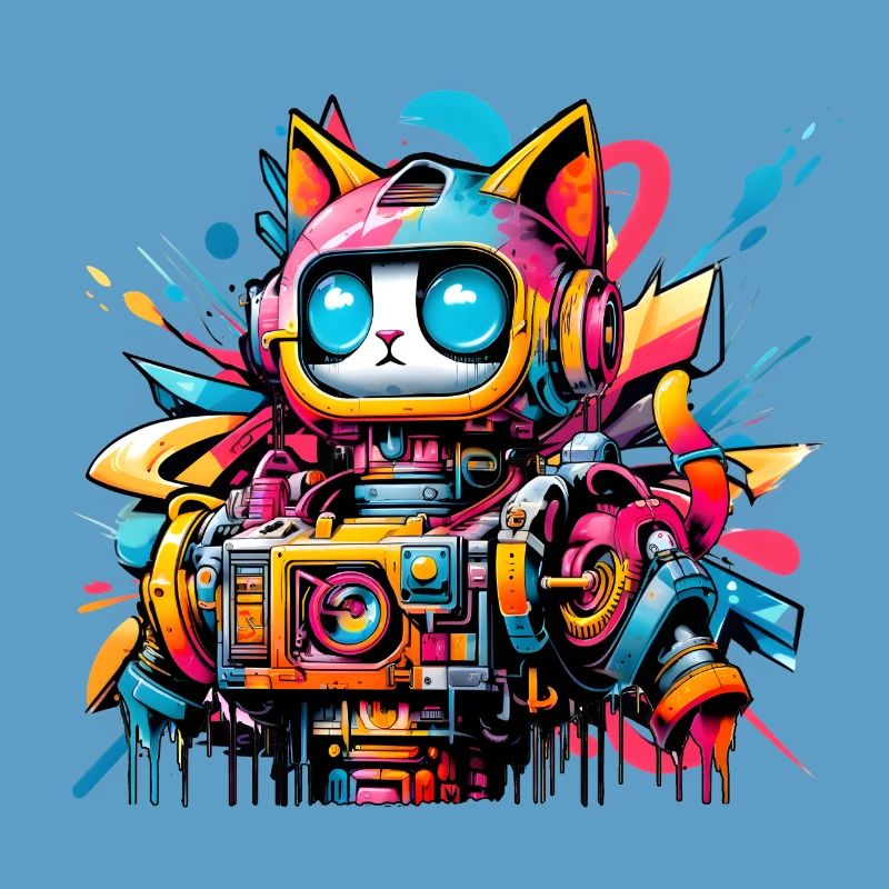 Chat conçu comme un robot dans le style graffiti de la bande dessinée