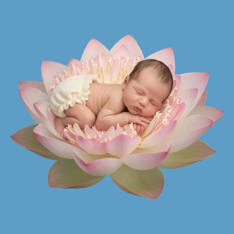 Bébé bébé avec une couche dormant sur une fleur de lotus ouverte