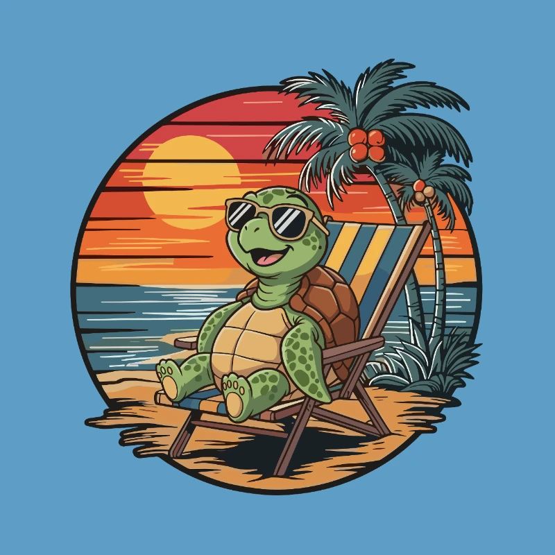 Funny Turtle on Beach Summer Vacation Sunset
