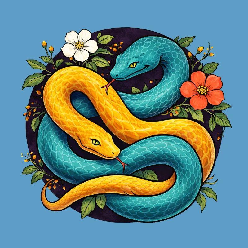 Two Python Snakes in Flower Ring
