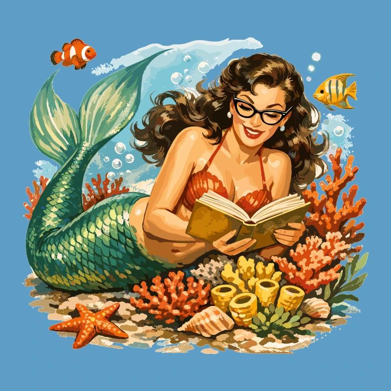 Retro mermaid with glasses while reading