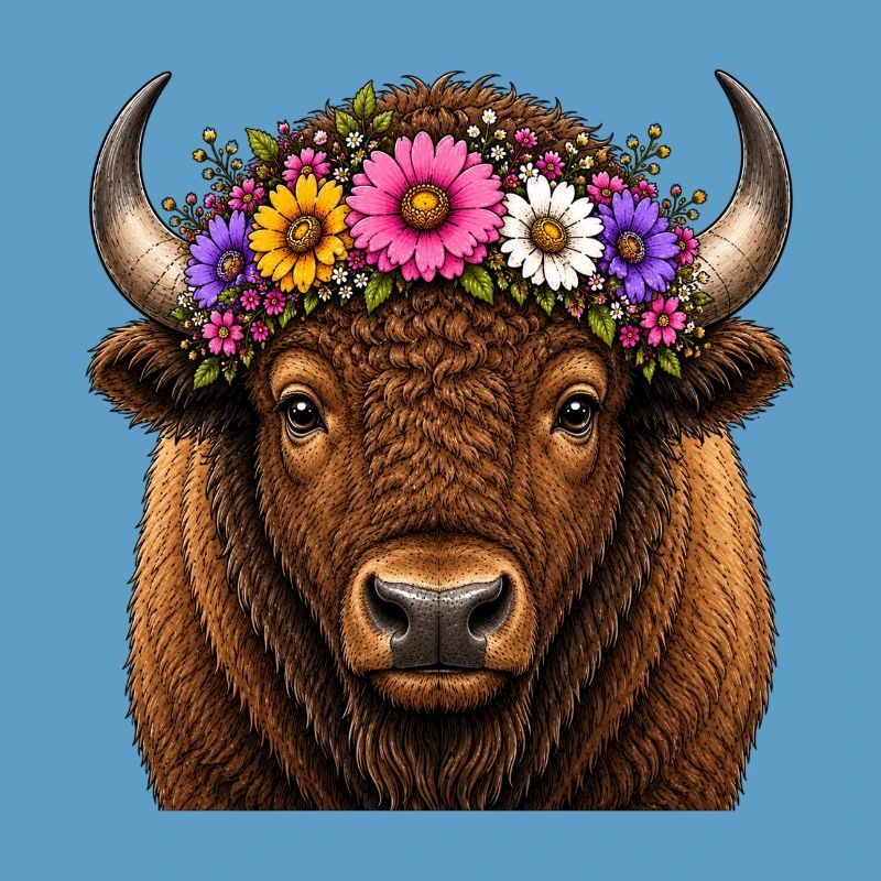 Bison décoré de fleurs