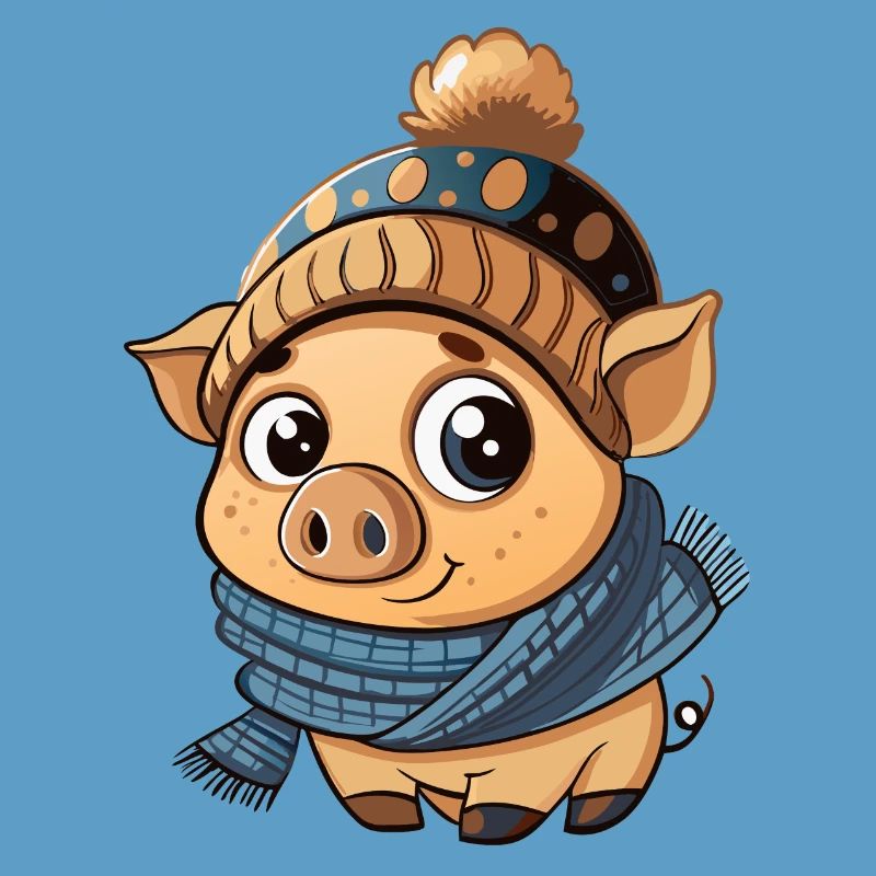 Mignon cochon avec écharpe et chapeau à pompon.