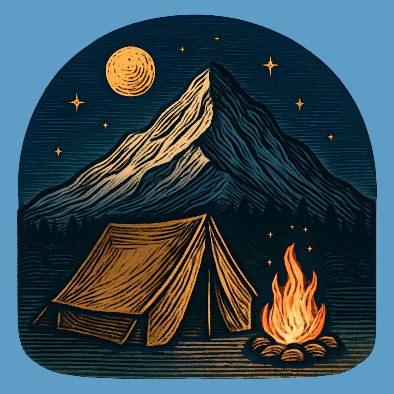 Mountain camping at night with fire