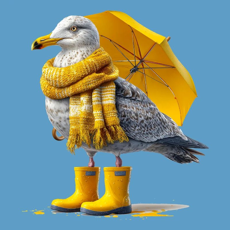 Seemöwe mit Gelbem Regenschirm und Boots