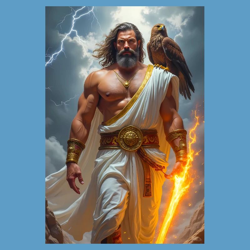 Zeus, bärtiger Gott, der einen Blitz hält, Sturm