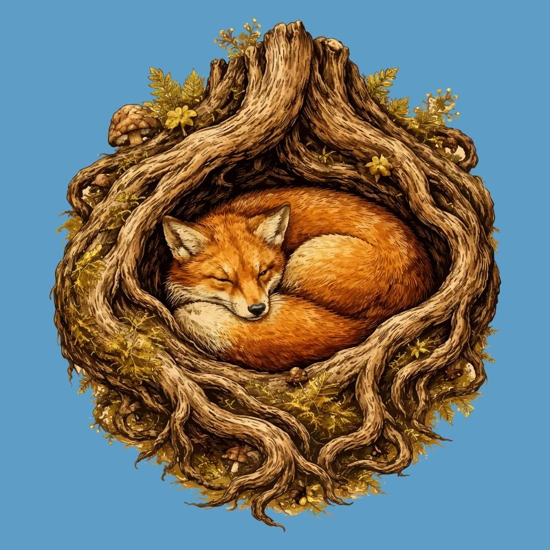 Sleeping fox in the root structure – forest motif