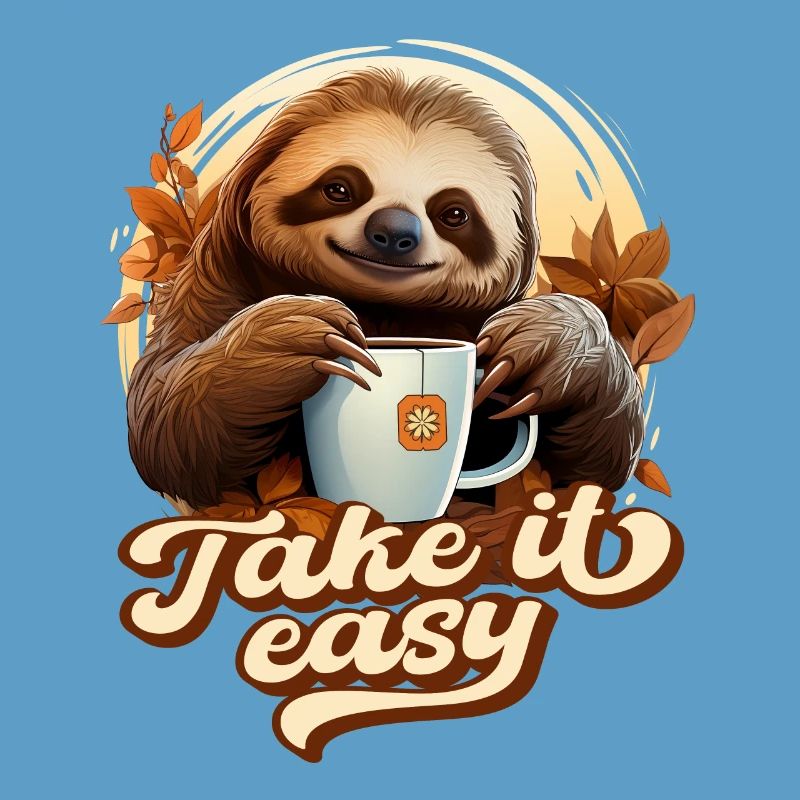 Cute Sloth Drinking Tea, Take It Easy, Saying
