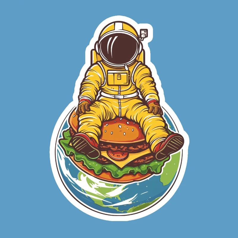 Astronaut schwebt über der Erde mit einem Burger