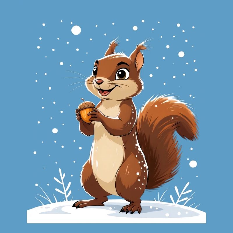 Winterliches Eichhörnchen mit Eichel