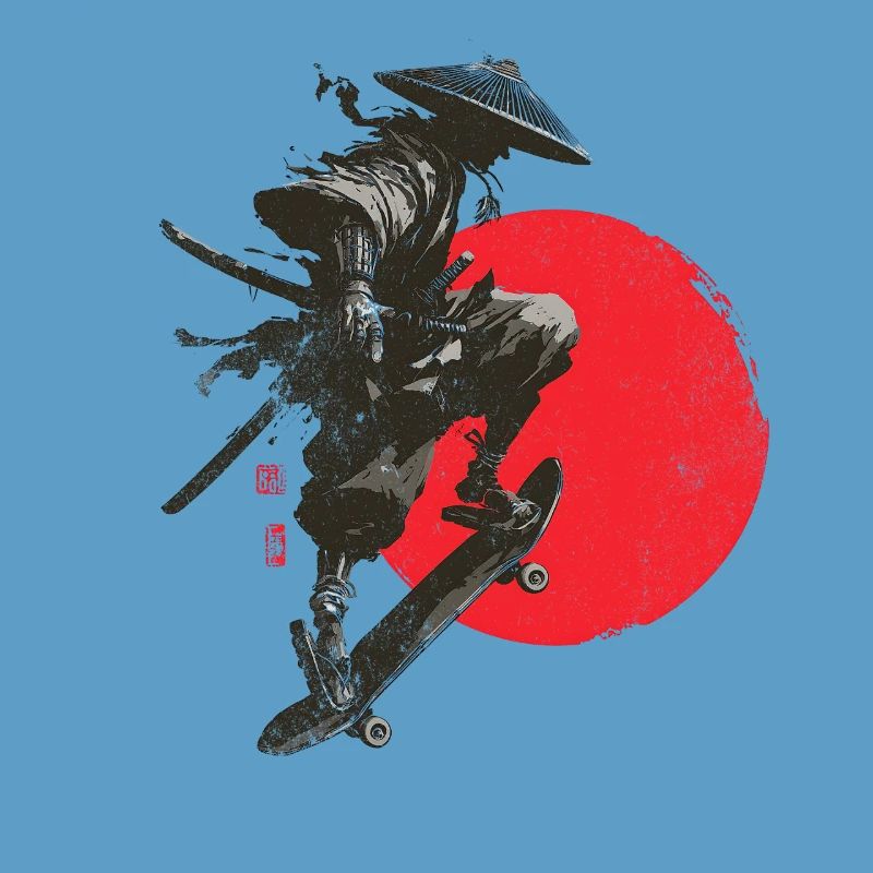 Silhouette eines Samurai-Skaters mit roter Sonne