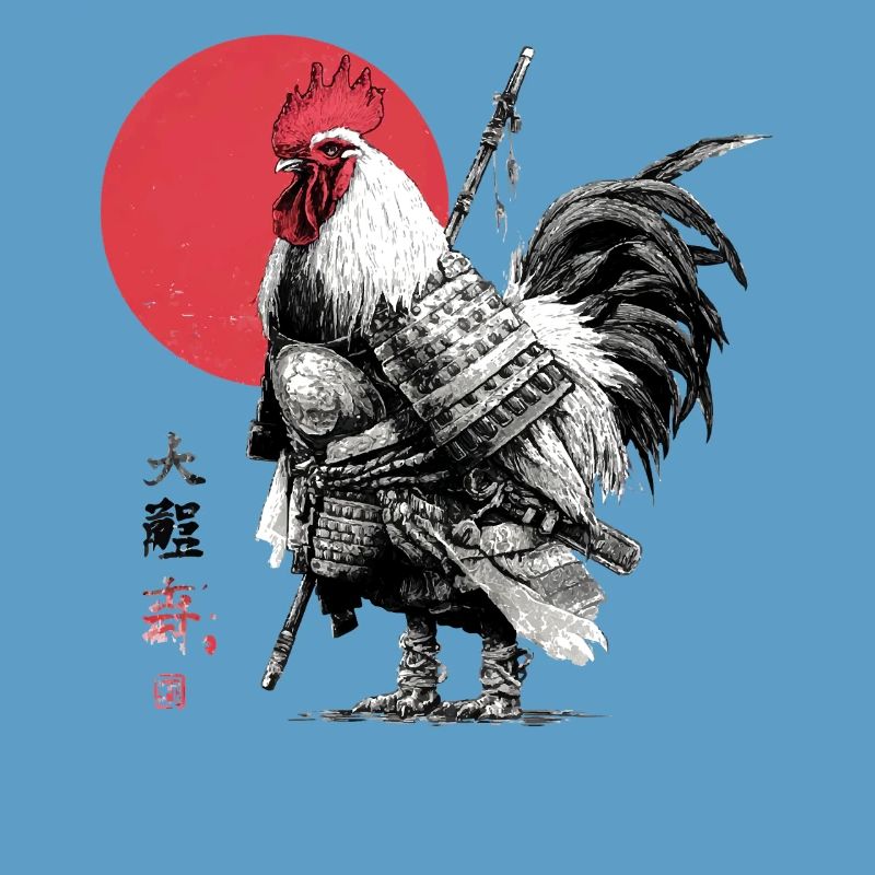 Samurai Rooster in Armor Under Red Sun