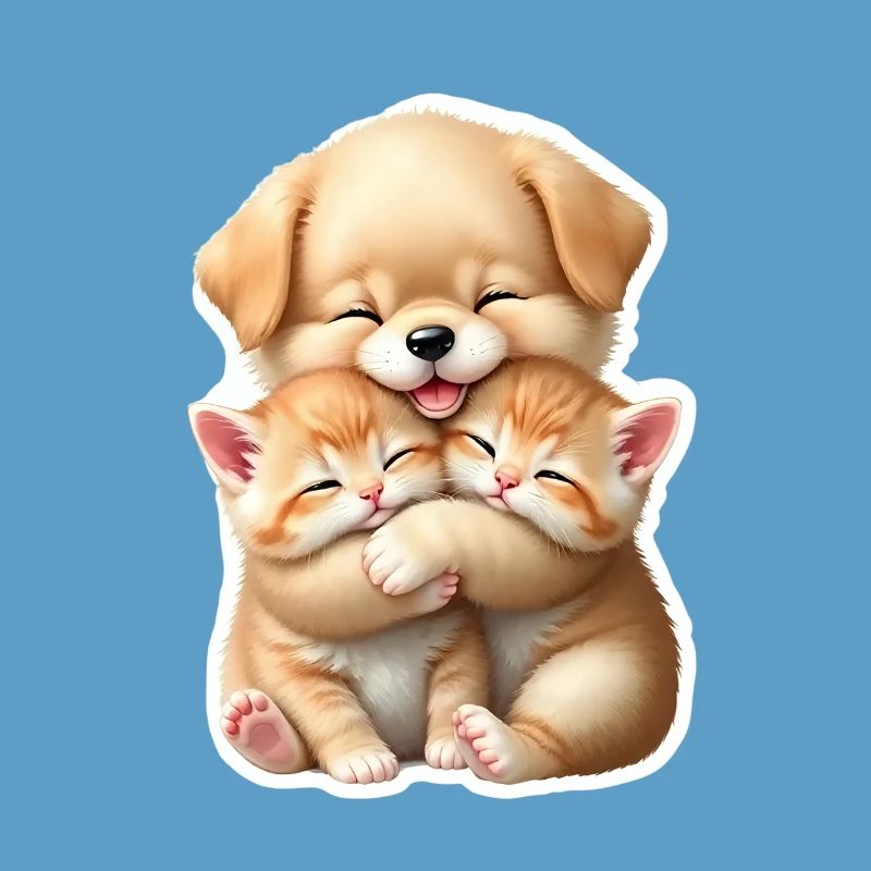 Petit chien serrant deux chatons dans ses bras