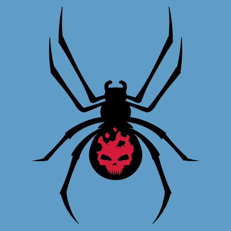 A black spider with red skull