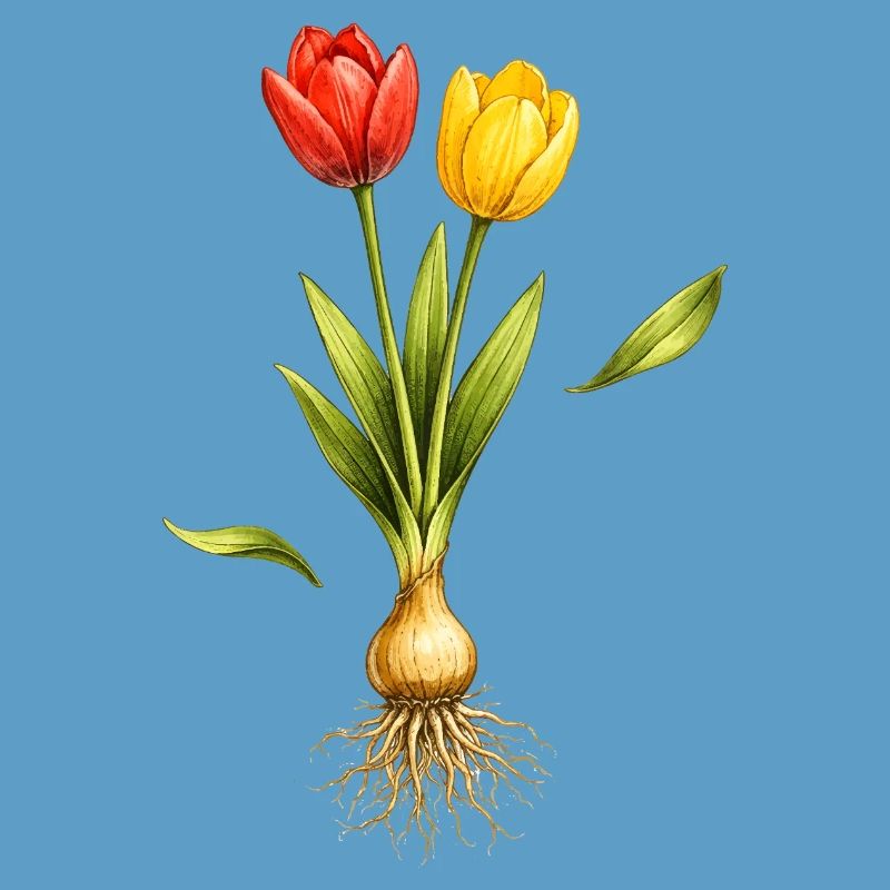 Two tulips with visible bulb and roots