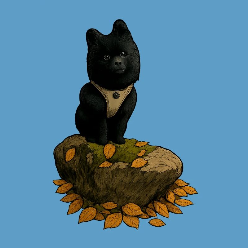 Black Spitz Dog on Tree Trunk