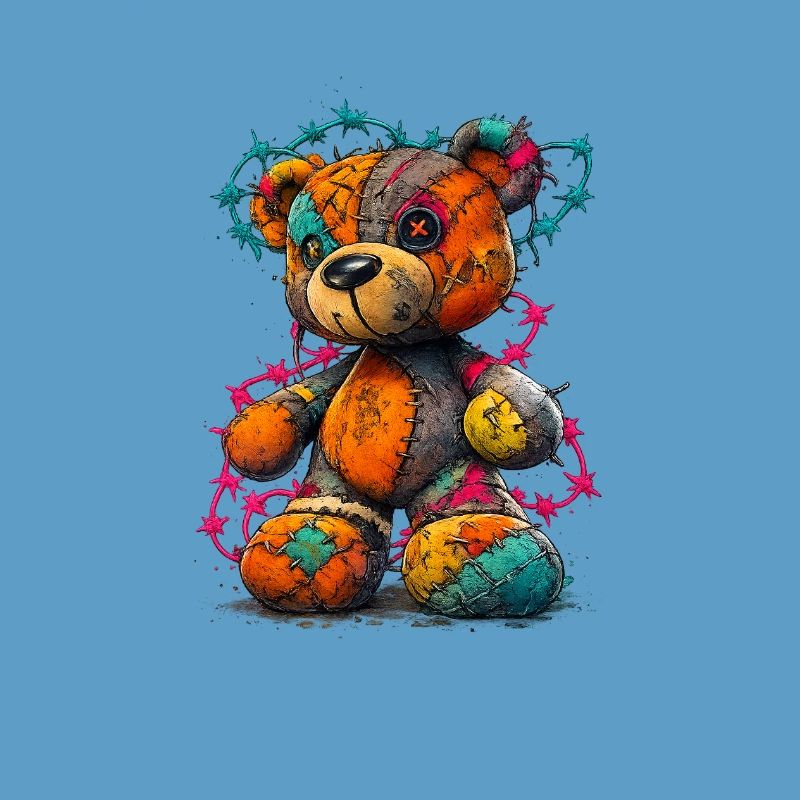 Patchwork Teddybär mit Neonfäden
