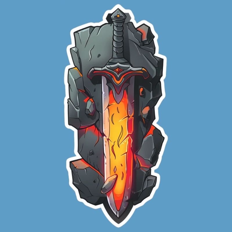 Épée de feu de dessin animé devant un rocher RPG GAme