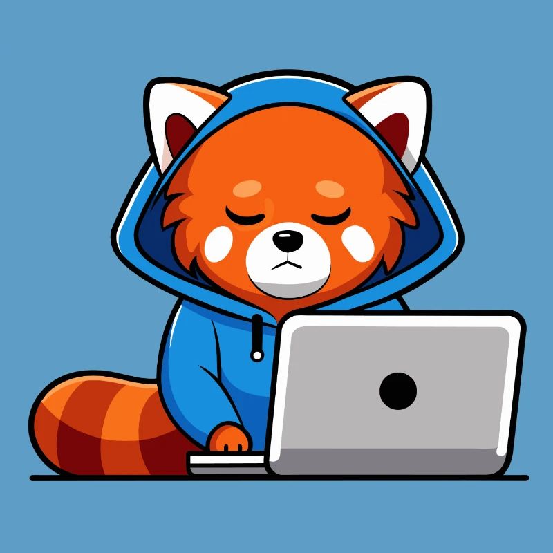 Mignon hacker panda roux en sweat à capuche devant PC